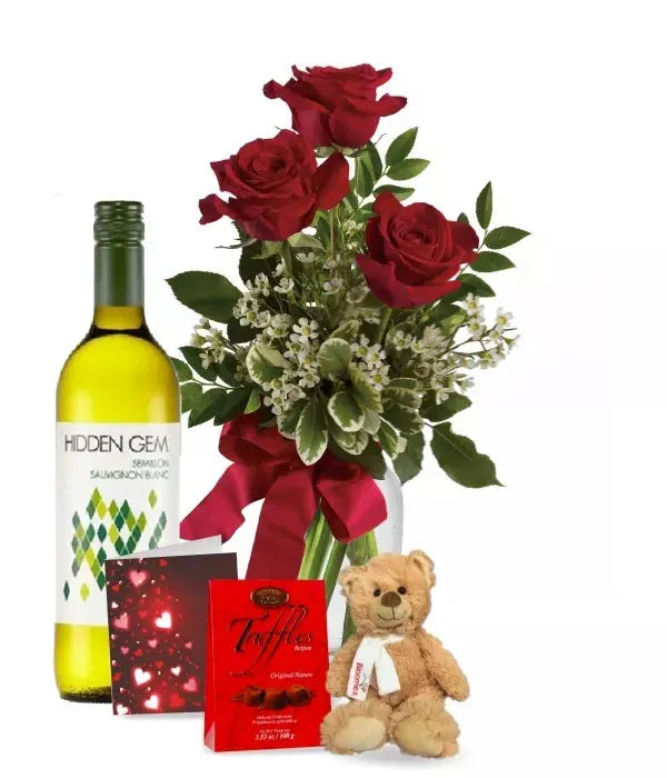 3 Red Roses and White Wine Combo - From You Flowers Aus
