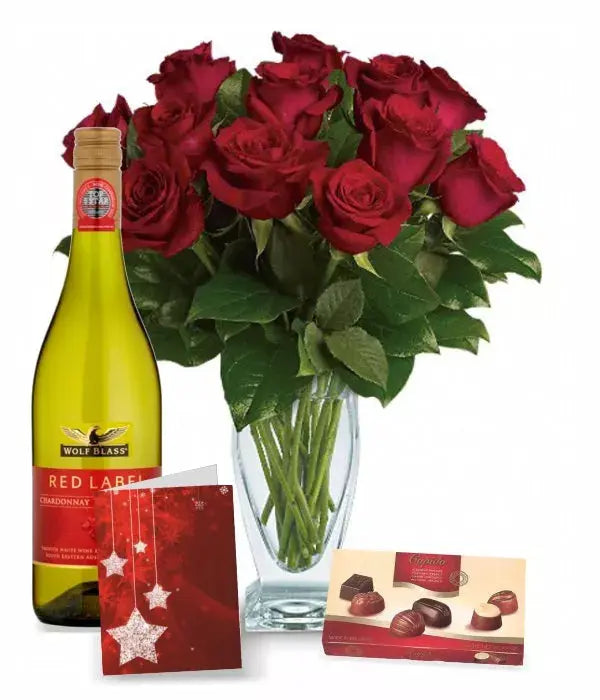 12 Red Roses, Chocolates, Card & Wine - From You Flowers Aus