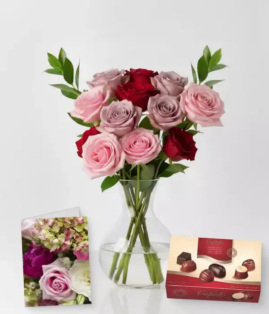 Dozen Mixed Colour Roses, Vase, Card & Chocolates - From You Flowers Aus
