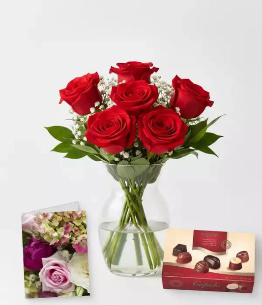 Half Dozen Red Roses, Card & Chocolates Gift - From You Flowers Aus